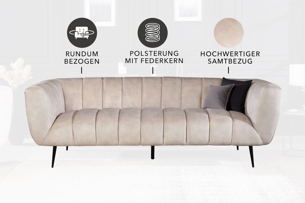 Design 3-Sitzer Sofa NOBLESSE 225cm champagner beige Samt 3-Sitzer Federkern schwarze Metallfüße