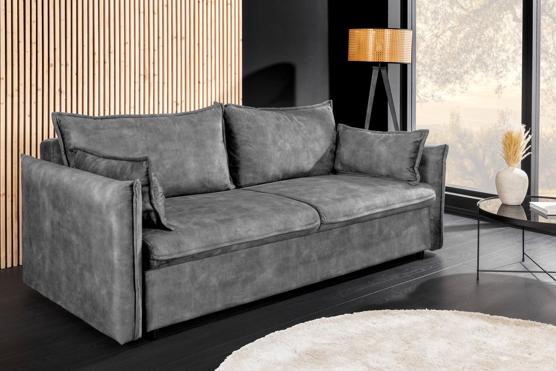 XXL Sofa mit Schlaffunktion APARTMENT grau Samt inkl. Bettkasten und Kissen
