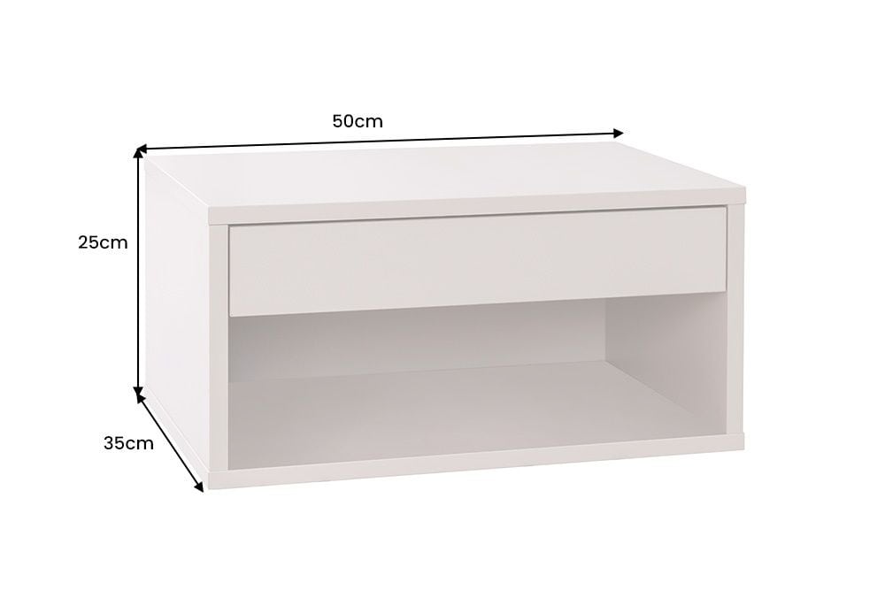 Design Nachttisch COMFORT 50cm weiß hängend mit Schublade und offenem Fach