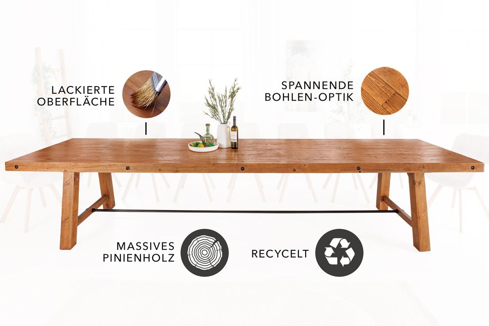 Massiver Esstisch FINCA 300cm vintage braun Pinienholz Bohlenoptik