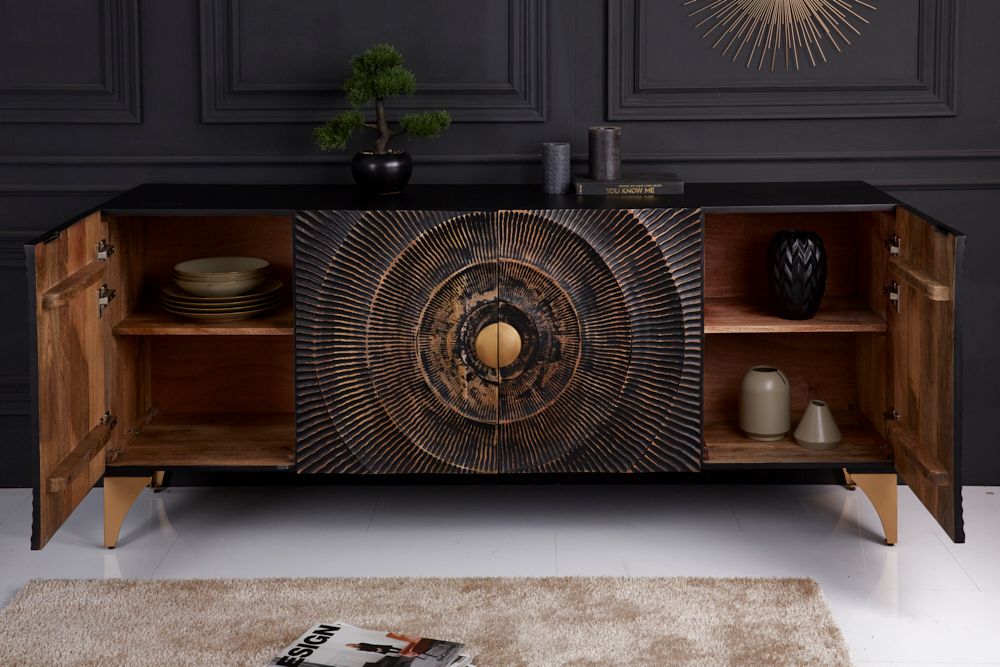 Handgearbeitetes Sideboard GOLDEN SUNSET 180cm schwarz mit 3D Schnitzereien gold Mangoholz Metallbeine