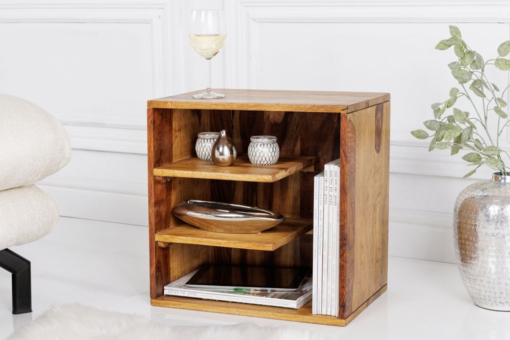 Massivholz Beistelltisch CUBUS 45cm braun Sheesham stone finish Regal Nachttisch