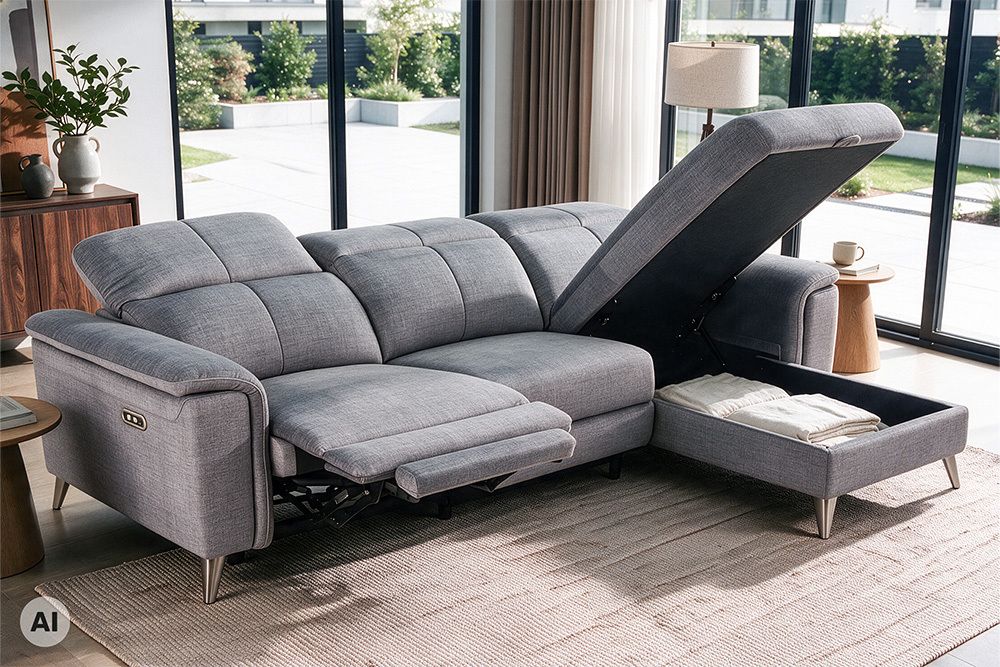 3-Sitzer Sofa IMPERIA 255cm grau Vogue Seiden Samtstoff elektrische Fußstütze
