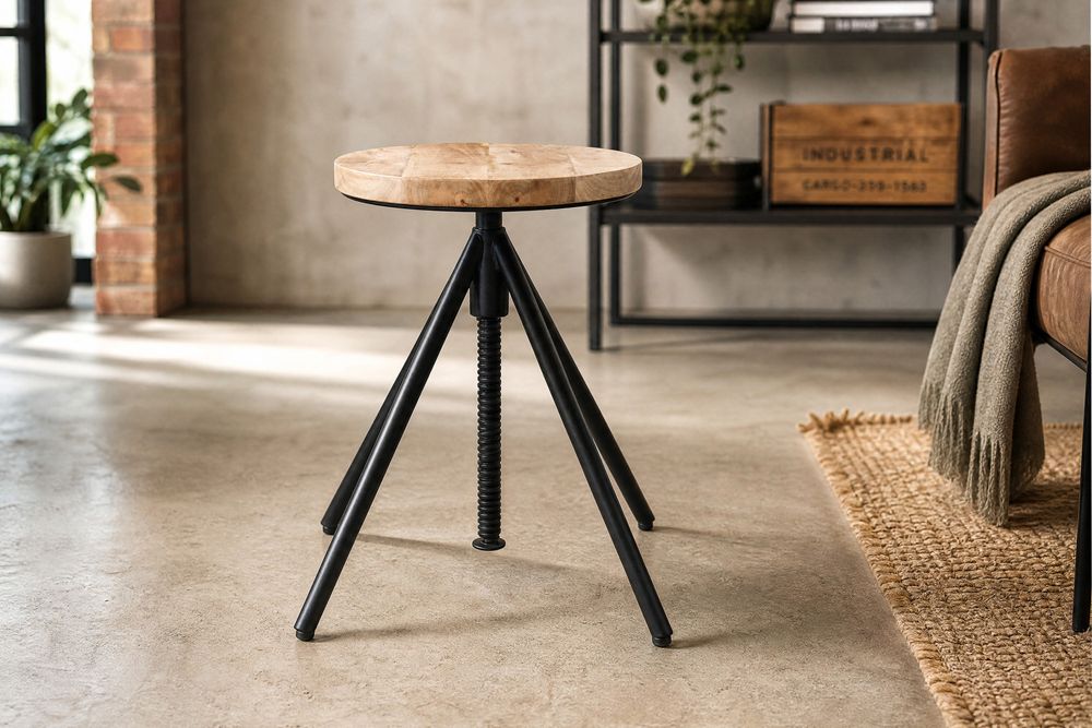 Höhenverstellbarer Hocker FACTORY 60cm natur Mangoholz Metall Sitzhocker