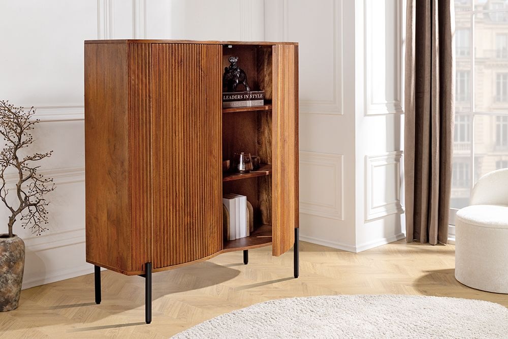 Massives Highboard GRANDEUR 120cm braun Mangoholz schwarz Metall