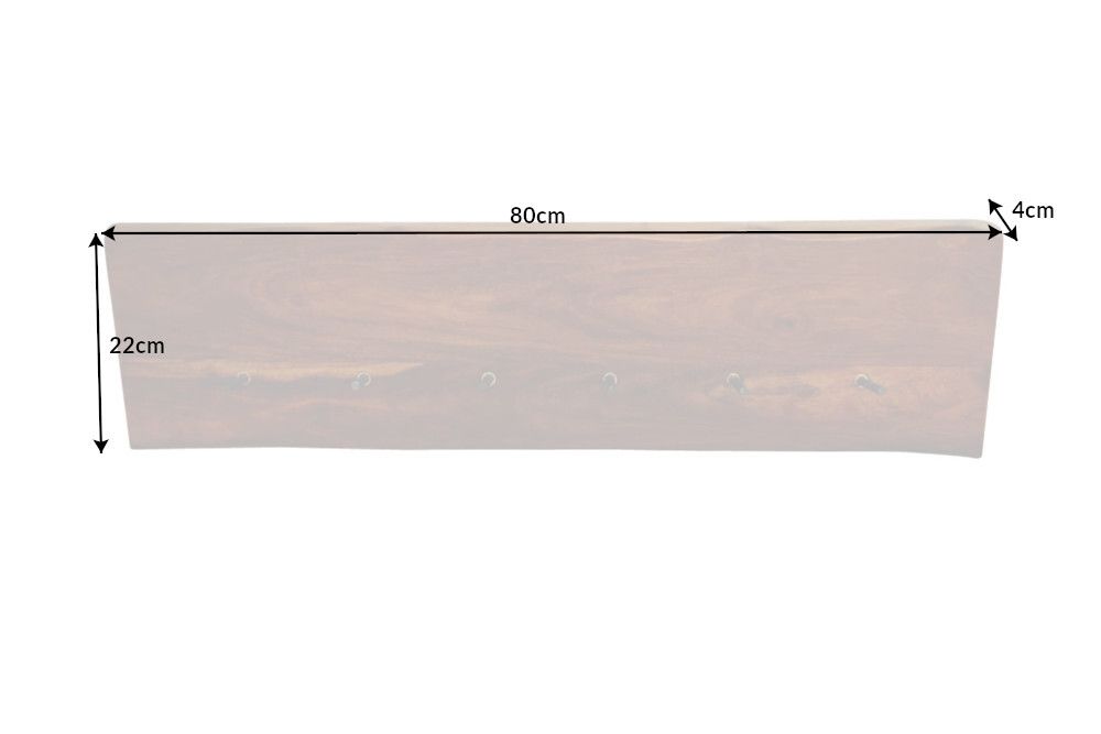 Massivholz Wandgarderobe MAMMUT 80cm braun Sheesham stone finish 6 Kleiderhaken