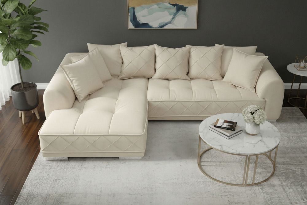 Modernes XXL Ecksofa DECADENCIA 320cm beige Samt Bigsofa inkl. Kissen