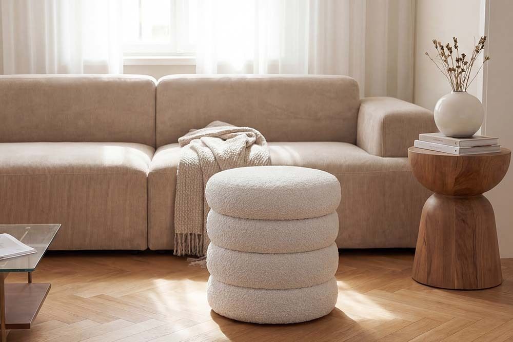 Runder Polsterhocker VOGUE 40cm weiß Bouclé mit Stauraum