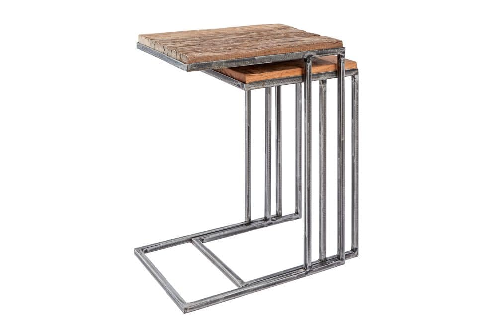 Industrial 2er Set Beistelltische BARRACUDA 45cm Salholz Massivholz geflextes Metallgestell