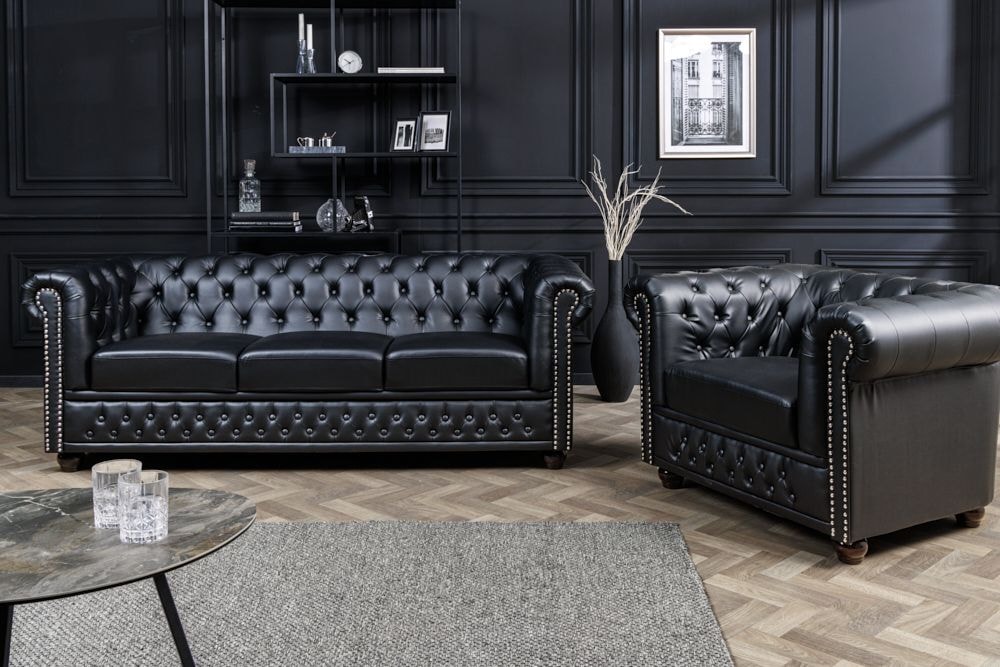 Design Sessel CHESTERFIELD 110cm matt schwarz Knopfheftung Federkern