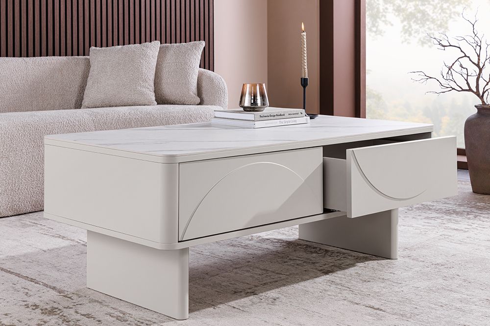 Design Couchtisch SAVOY 120cm kaschmir weiß Keramik Marmor mit Schubladen