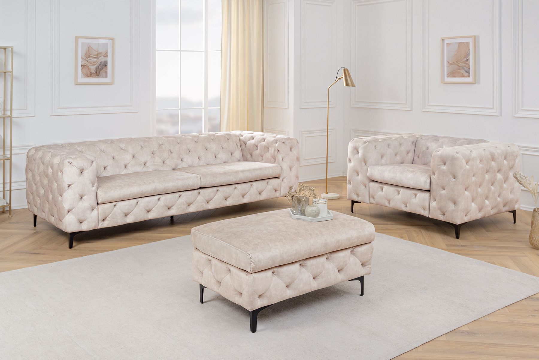 Chesterfield 3-Sitzer Sofa MODERN BAROCK 235cm champagner beige Samt Federkern