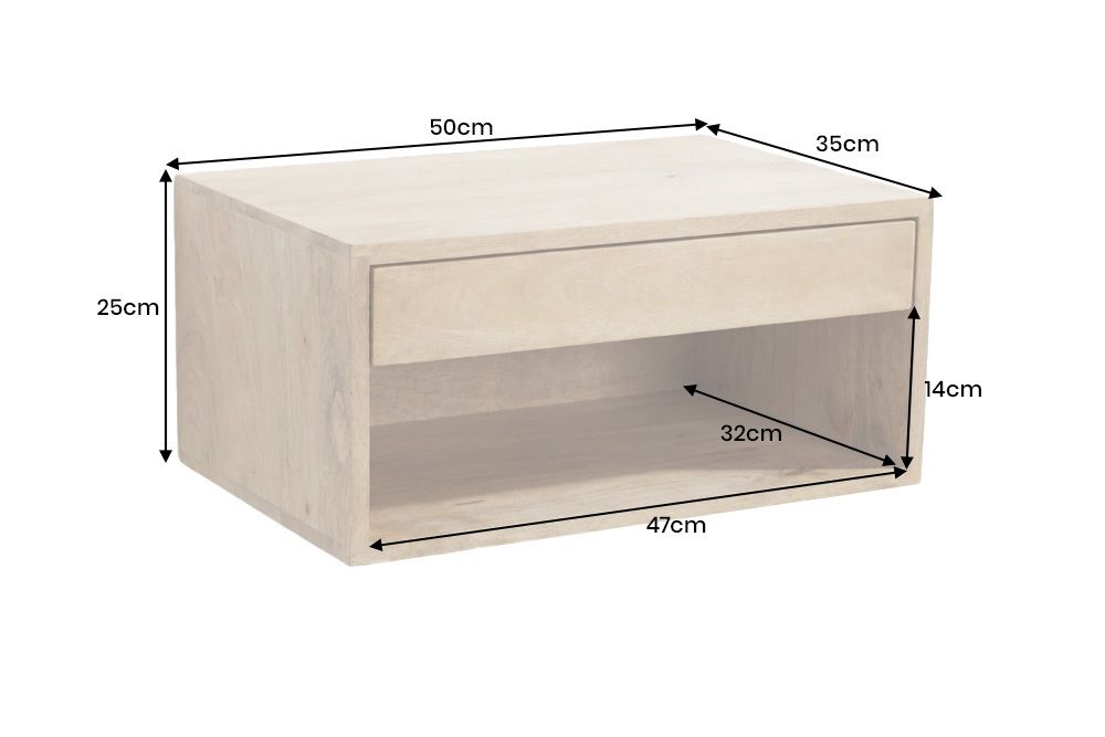 Hängender Nachttisch PURE 50cm natur Mangoholz cream finish Wandregal Schublade