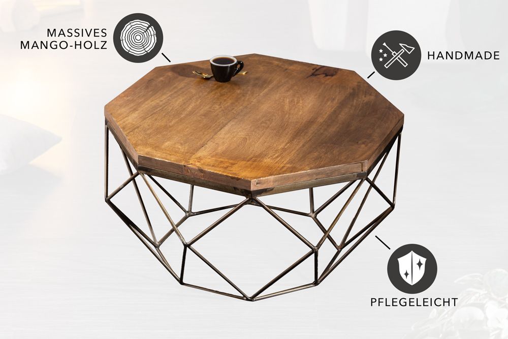Design Couchtisch DIAMOND 70cm natur Mangoholz massiv messing Eisengestell