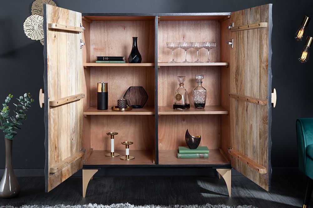 Handgearbeitetes Highboard GOLDEN SUNSET 120cm mit 3D Schnitzereien schwarz gold Mangoholz