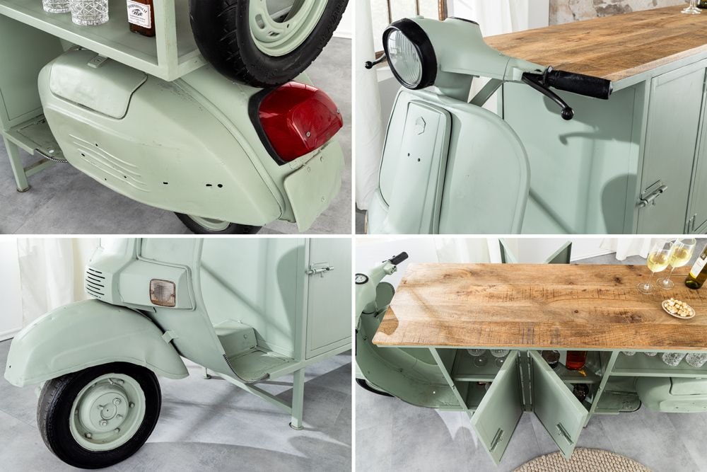 Extravaganter Barschrank SCOOTER 250cm salbei Retro-Konsole Motorroller mit Mangoholz Upcycling