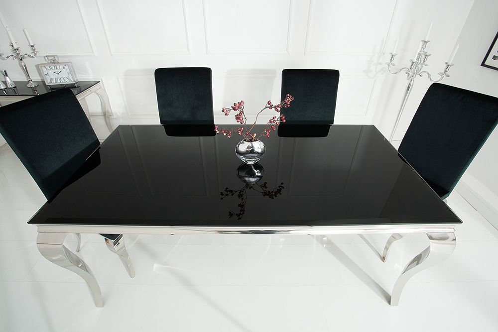 Eleganter Design Esstisch MODERN BAROCK 180cm schwarz Edelstahl Opalglas Tischplatte