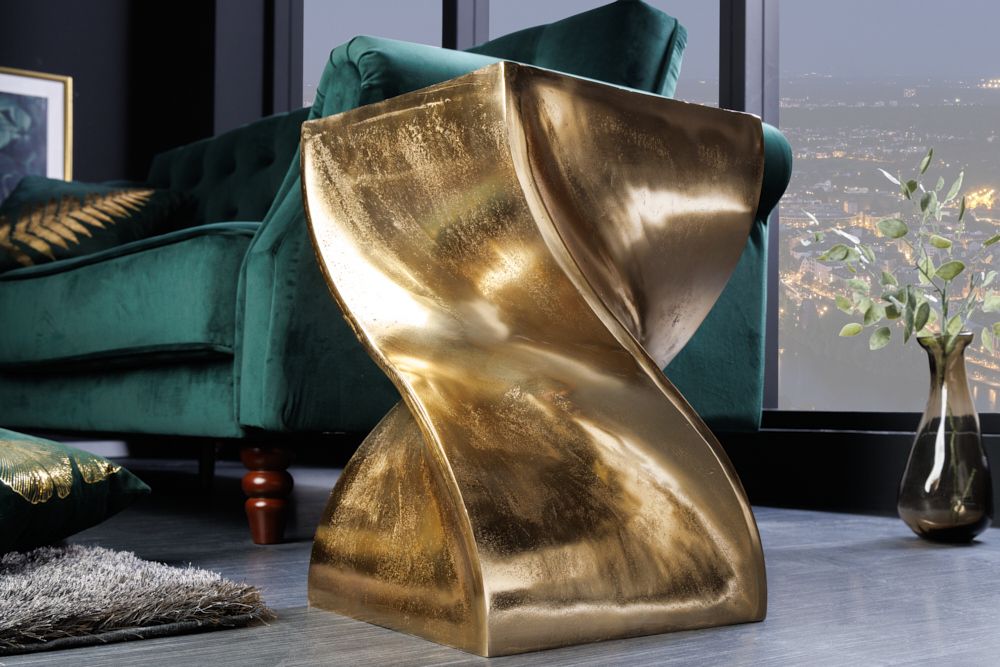 Skulp­tu­raler Beistelltisch TWIST 45cm gold Aluminium handmade Sitzhocker Nachttisch