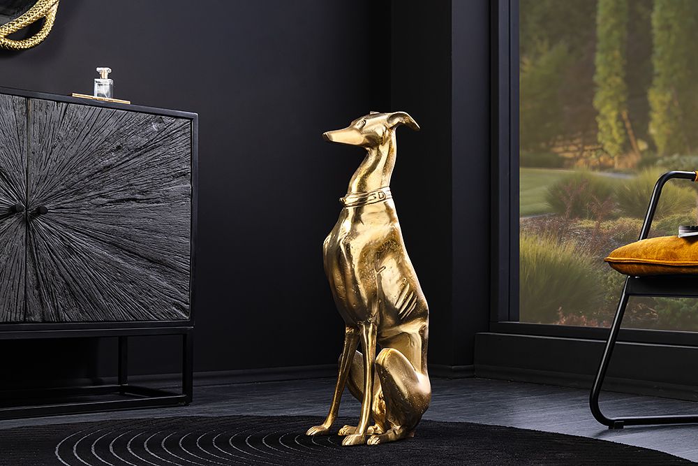 Design Skulptur GREYHOUND 70cm gold Metall Aluminium Windhund Figur