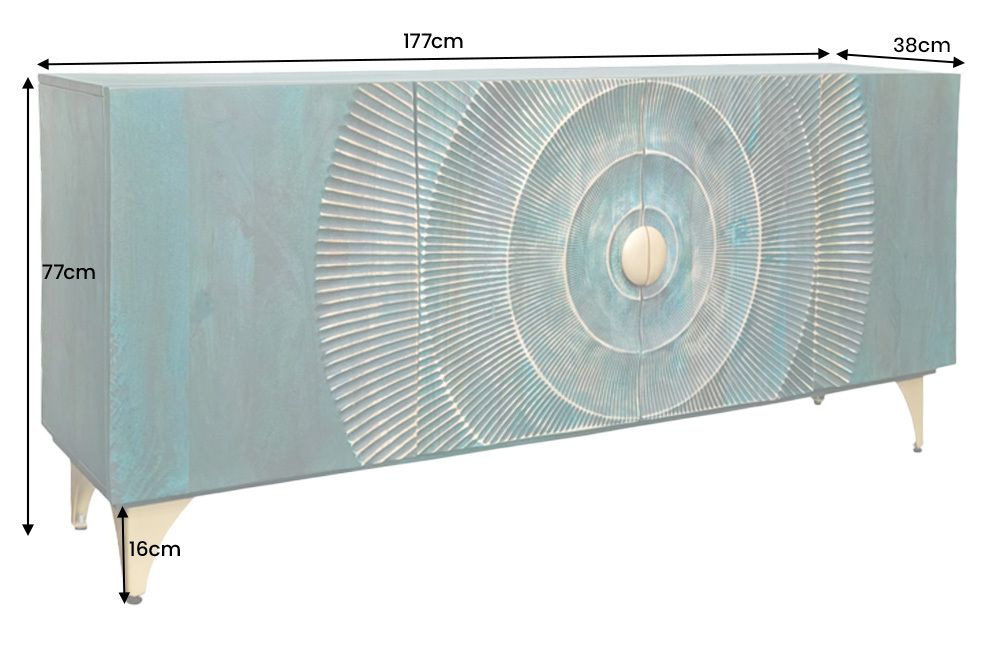 Handgearbeitetes Sideboard GOLDEN SUNSET 180cm türkis gold Mangoholz Metallbeine