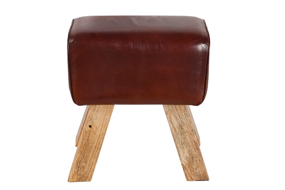 Retro Sitzhocker TURNBOCK 40cm mit Echtleder Bezug Mangoholz Hocker