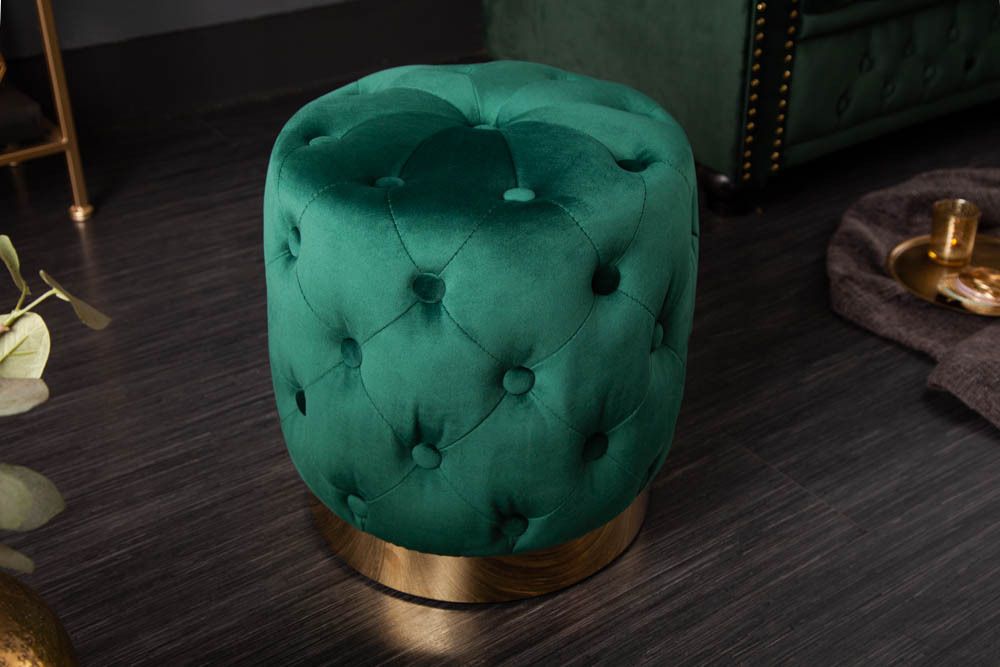 Design Hocker MODERN BAROCK 40cm dunkelgrün gold Samt Chesterfield