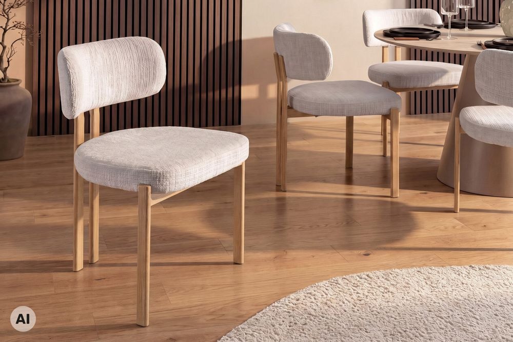 Design Stuhl BELLANO creme beige Chenille Cremona Metallgestell Eiche