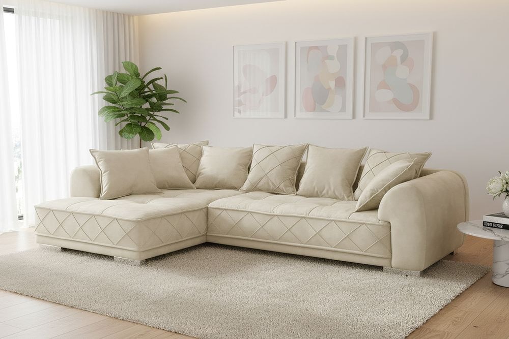Modernes XXL Ecksofa DECADENCIA 320cm beige Samt Bigsofa inkl. Kissen