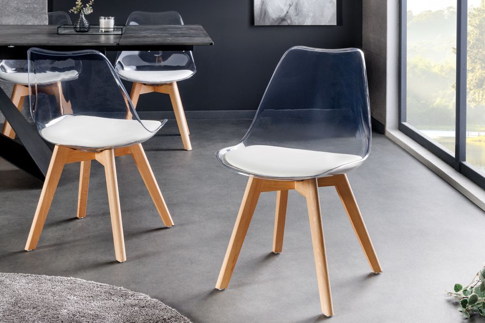 Design Stuhl SCANDINAVIA MEISTERSTÜCK transparent weiß Kunststoff Buchenholz natur