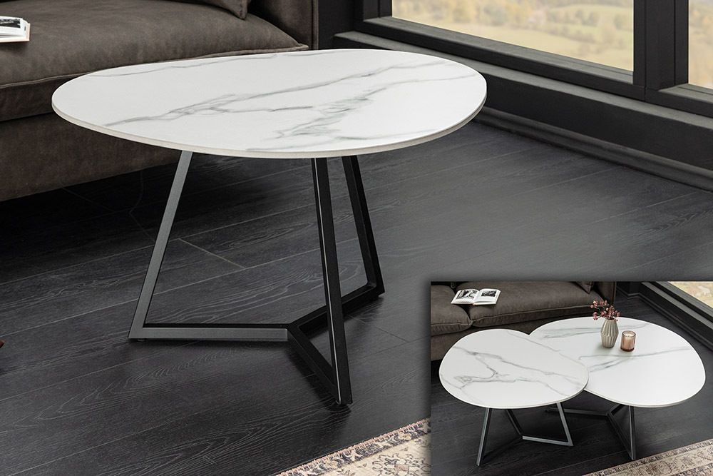 Design Couchtisch MARVELOUS 70cm weiß Marmor Keramik schwarzes Metall