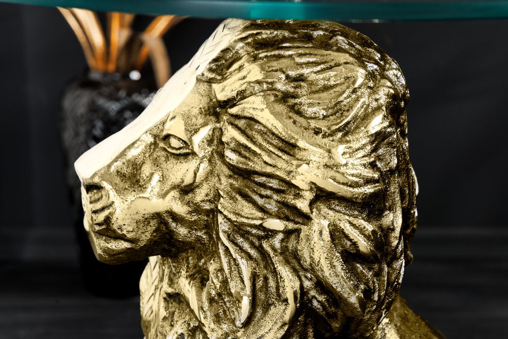 Runder Beistelltisch WILDLIFE LION 60cm gold antik Metall Glas Löwen Skulptur