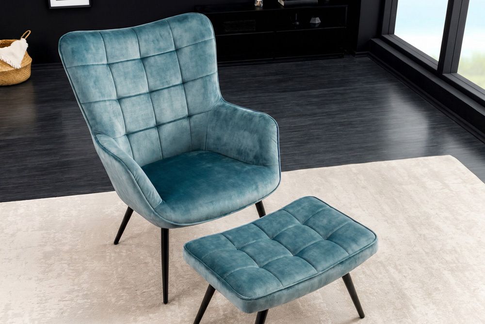 Bequemer Sessel SCANDINAVIA petrol Samt schwarze Metallbeine mit Armlehne