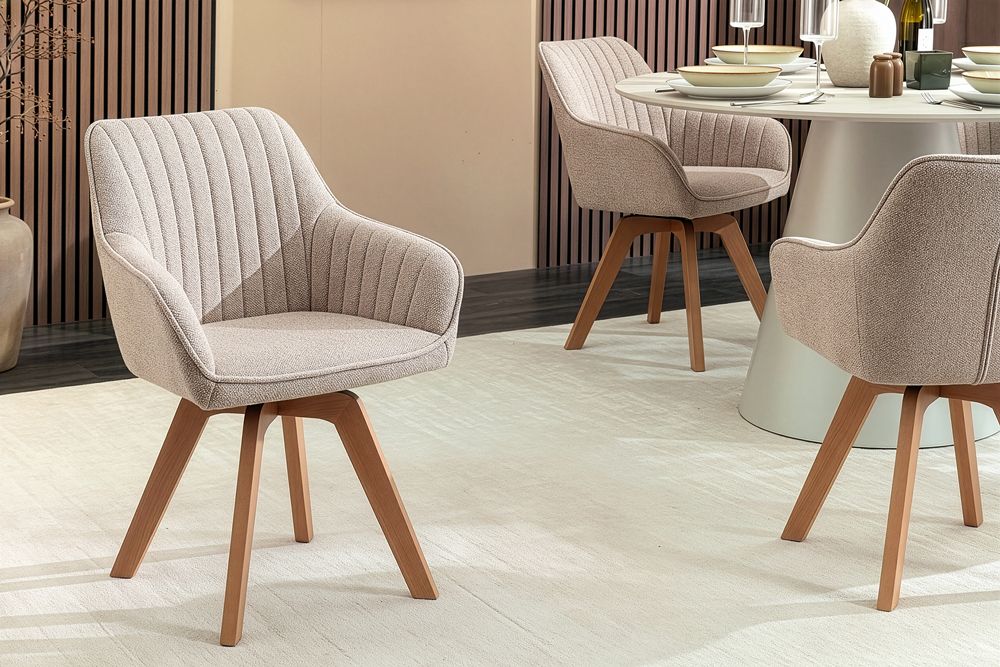 Design Stuhl LIVORNO beige Strukturstoff Massivholzbeine drehbar Auto-Return-Funktion
