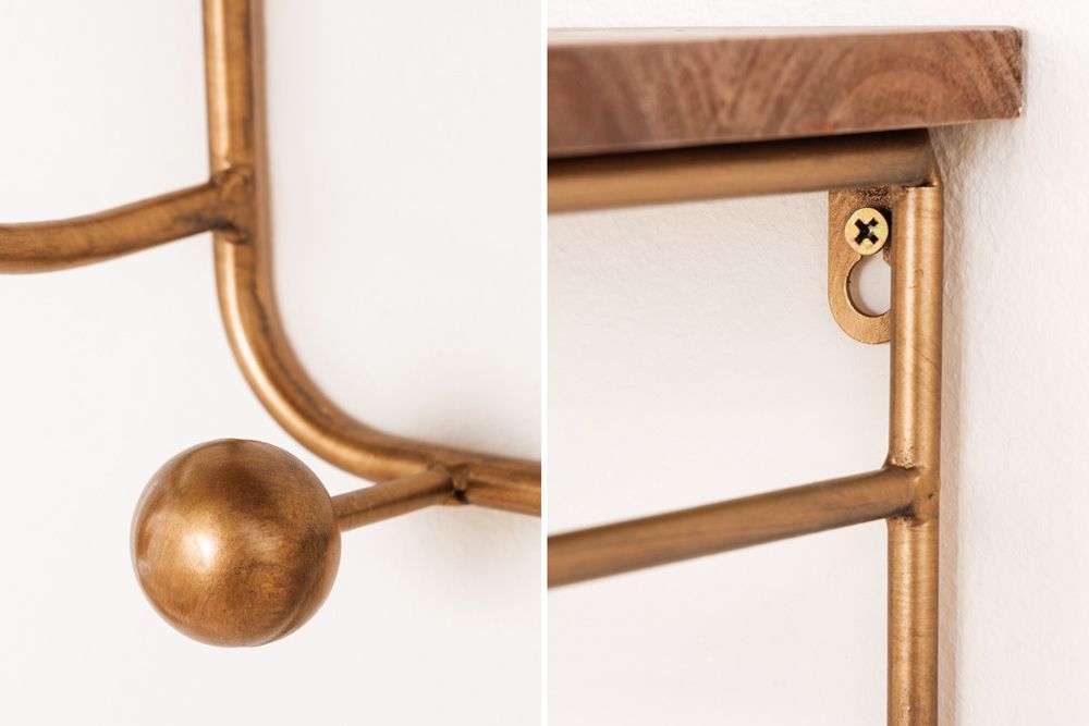 Dekorative Wandgarderobe HERITAGE 80cm natur gold messing Pinie Metall mit Ablage