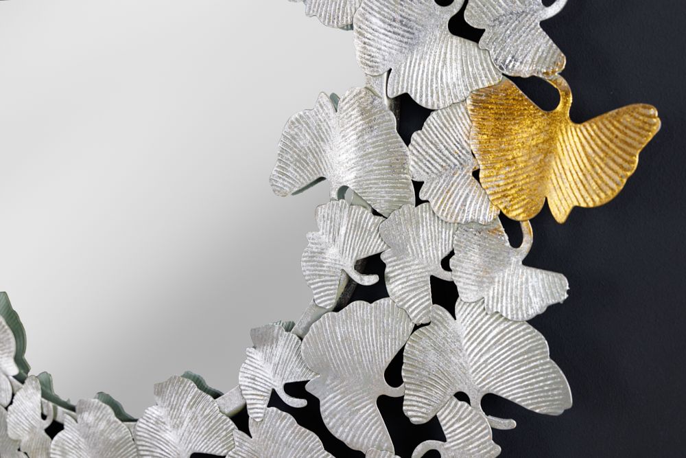 Dekorativer Wandspiegel GINKGO LEAFS XL 90cm gold silber rund aus Metall handmade