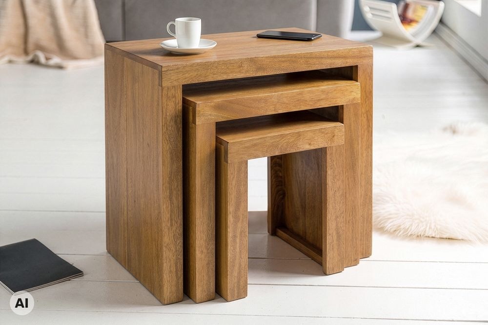 Massives 3er-Set Beistelltische MAKASSAR 45cm natur honey finish Mangoholz