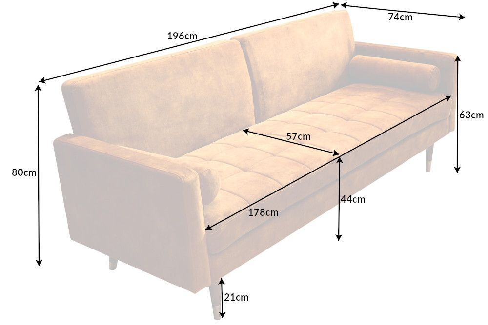 Modernes Schlafsofa COUTURE 200cm senfgelb Microvelours 3-Sitzer Couch mit Schlaffunktion