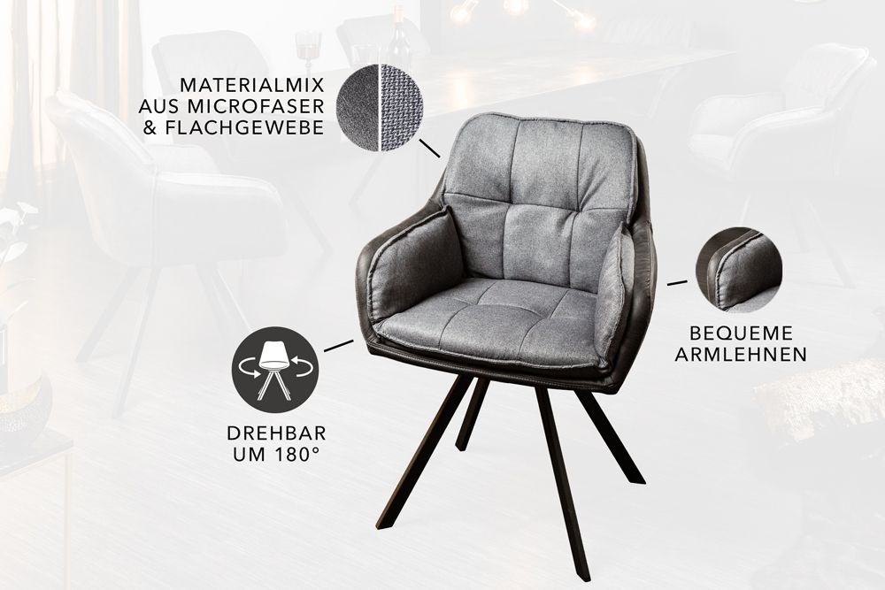 Drehbarer Design Stuhl MR. LOUNGER anthrazit grau Microfaser Flachgewebe mit Armlehne