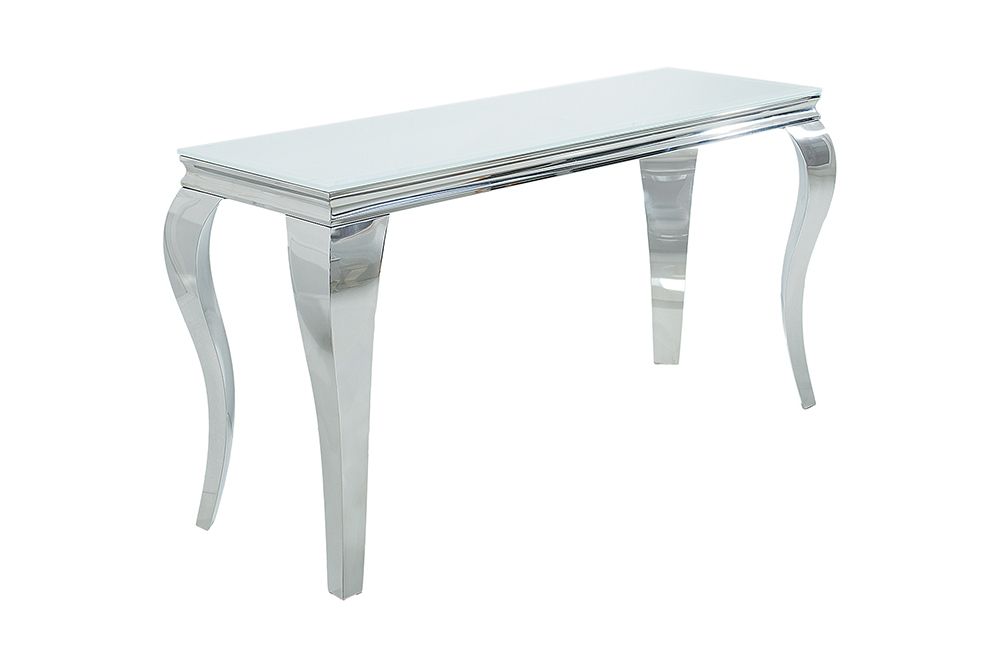 Eleganter Konsolentisch MODERN BAROCK 145cm weiß Edelstahlbeine Opalglas