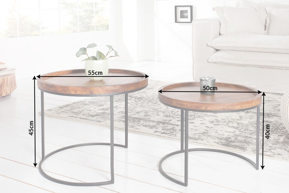 Rundes 2er Set Beistelltische ELEMENTS 55cm Akazie stone finish Metall schwarz