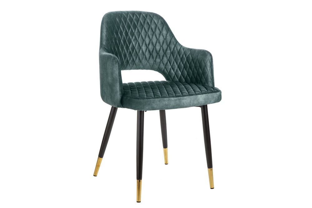 Eleganter Stuhl PARIS petrol Samt Ziersteppung Fußkappen gold Retro-Design mit Armlehnen