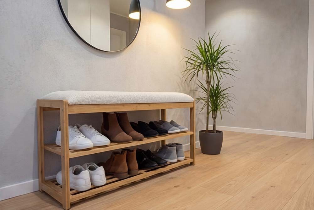 Stilvolle Schuhbank ZEN-BO 80cm natur beige Bambus Regal Sitzbank mit Stauraum