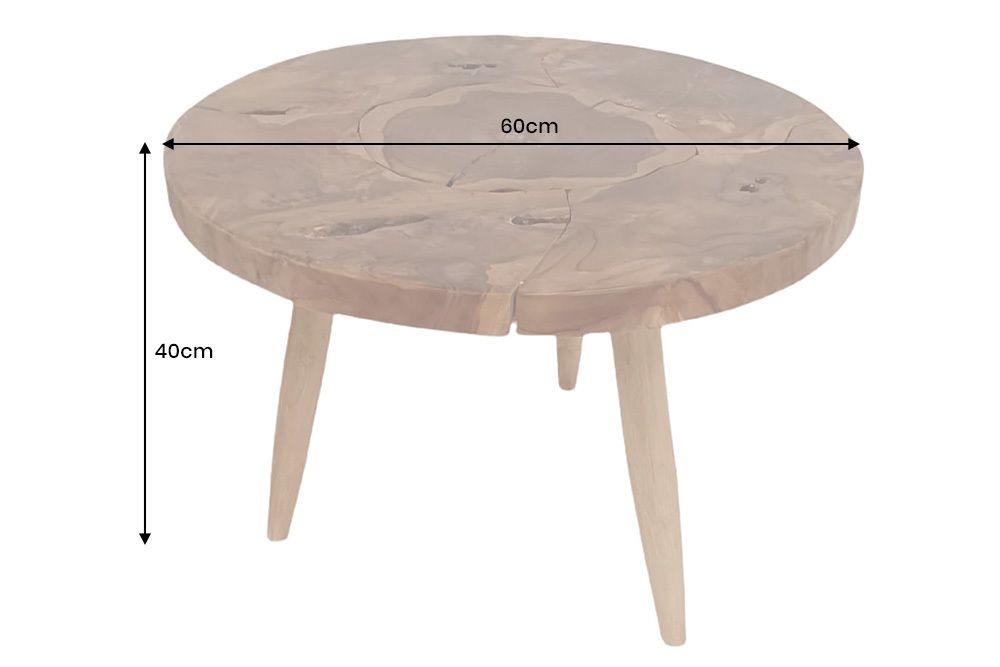 Runder Massivholz Couchtisch MOSAIK 60cm natur Teak Baumstamm handmade