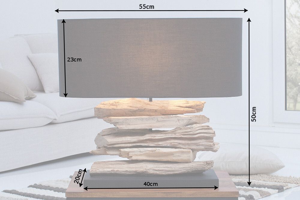 Handgearbeitete Treibholz Lampe RIVERINE 55cm schwarz Leinenschirm Tischleuchte