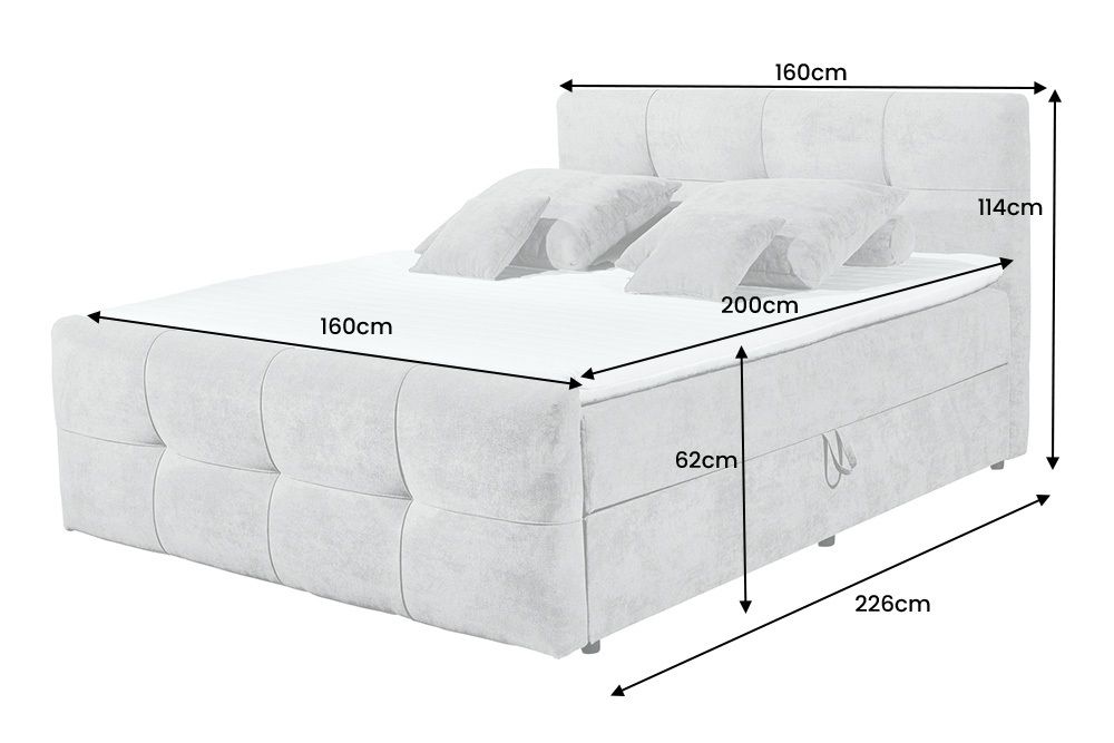 Modernes Boxspringbett TOULOUSE 160x200cm silbergrau inkl. Matratze Topper Stauraum