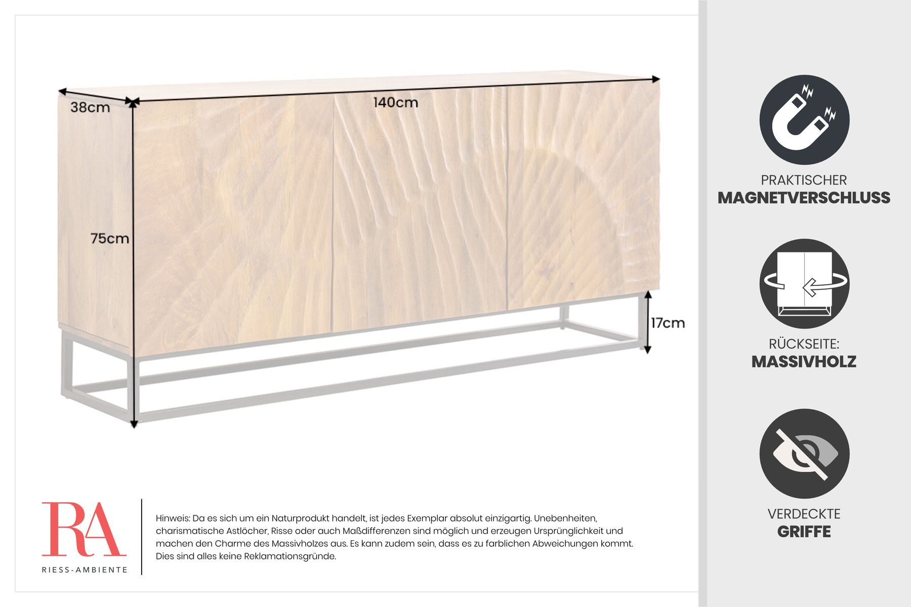 Massives Sideboard SCORPION 140cm braun Mangoholz aufwendige 3D Schnitzereien