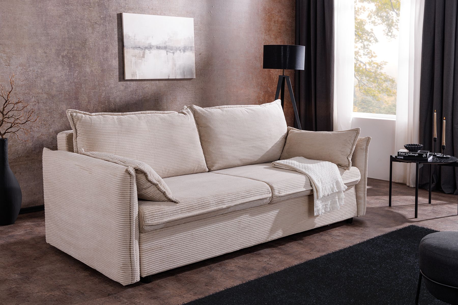 XXL Sofa mit Schlaffunktion APARTMENT beige Cord inkl. Bettkasten und Kissen