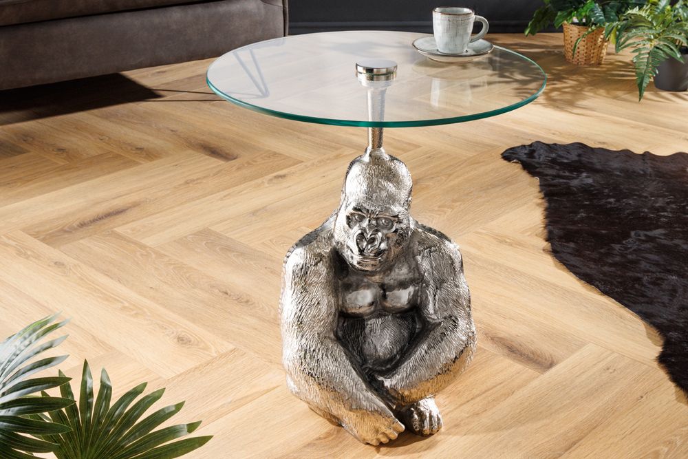 Runder Beistelltisch KONG 50cm silber Metall Glas Affenfigur Gorilla Skulptur