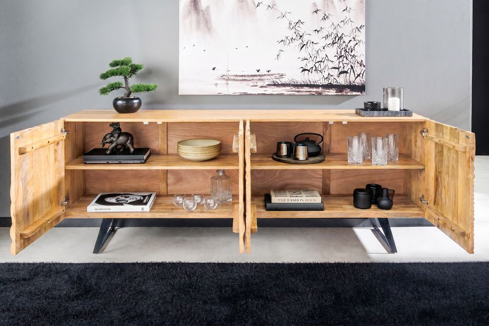 Massives Sideboard FLUID 175cm creme Mangoholz 3D-Design Kufengestell