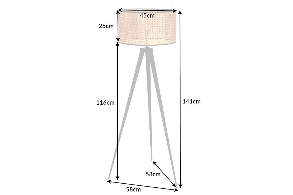 Boho Stehlampe VIENNA 142cm natur schwarz Wiener Geflecht Metall Dreifuß Stehleuchte